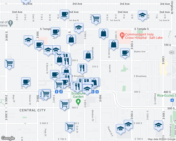 map of restaurants, bars, coffee shops, grocery stores, and more near 830 Menlo Avenue in Salt Lake City