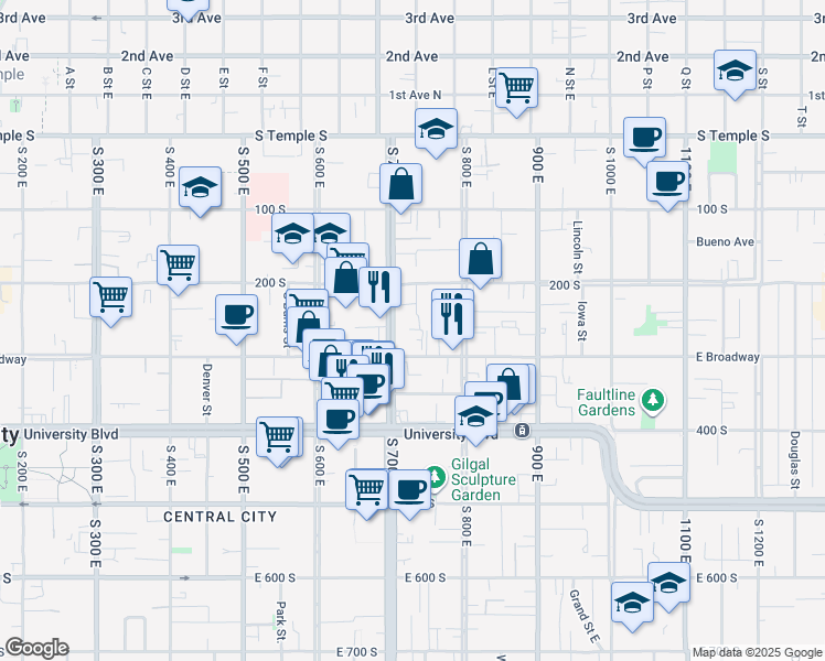 map of restaurants, bars, coffee shops, grocery stores, and more near 732 East 200 South in Salt Lake City