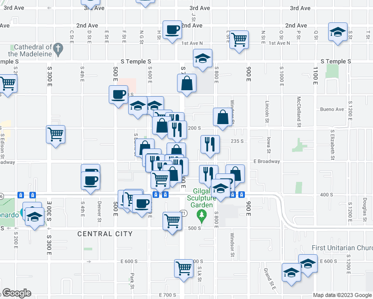 map of restaurants, bars, coffee shops, grocery stores, and more near 732 East 200 South in Salt Lake City