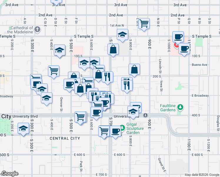 map of restaurants, bars, coffee shops, grocery stores, and more near 242 South 700 East in Salt Lake City