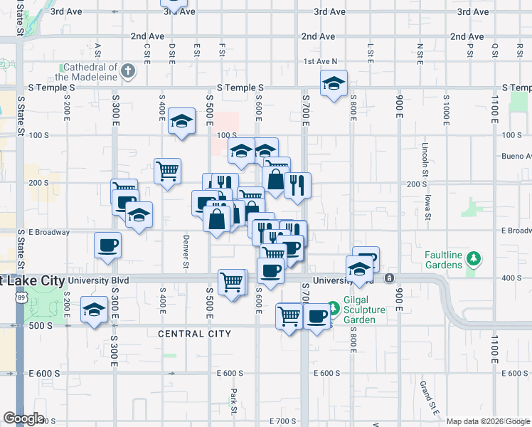 map of restaurants, bars, coffee shops, grocery stores, and more near 249 600 East in Salt Lake City