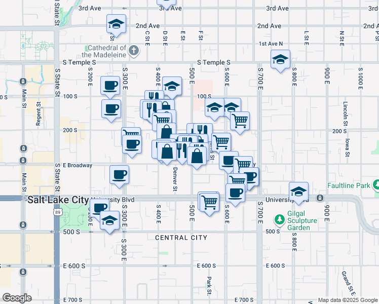 map of restaurants, bars, coffee shops, grocery stores, and more near 250 500 East in Salt Lake City