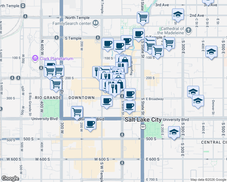 map of restaurants, bars, coffee shops, grocery stores, and more near 222 South Main Street in Salt Lake City
