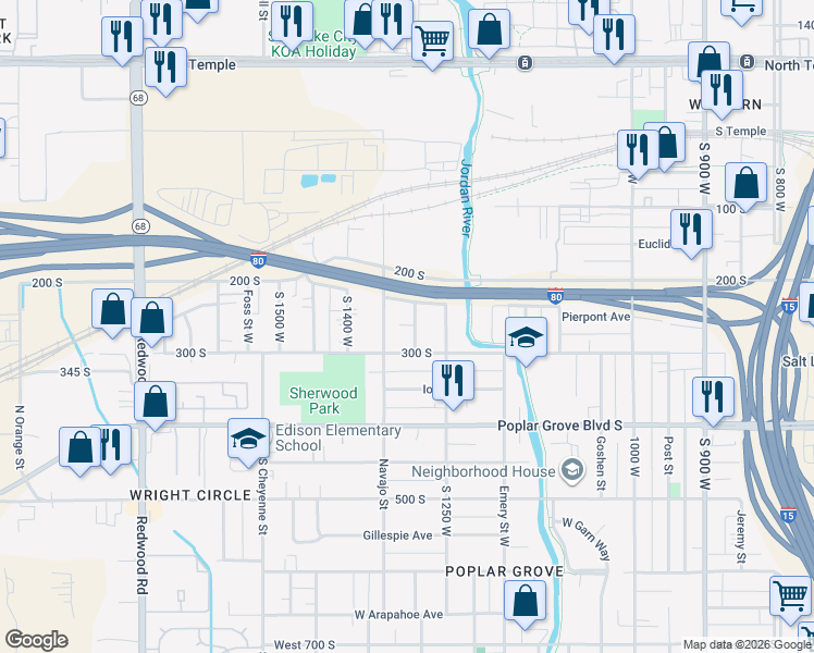 map of restaurants, bars, coffee shops, grocery stores, and more near 234 1300 West in Salt Lake City