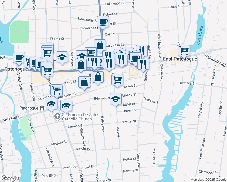 map of restaurants, bars, coffee shops, grocery stores, and more near 49 Bay Avenue in Patchogue