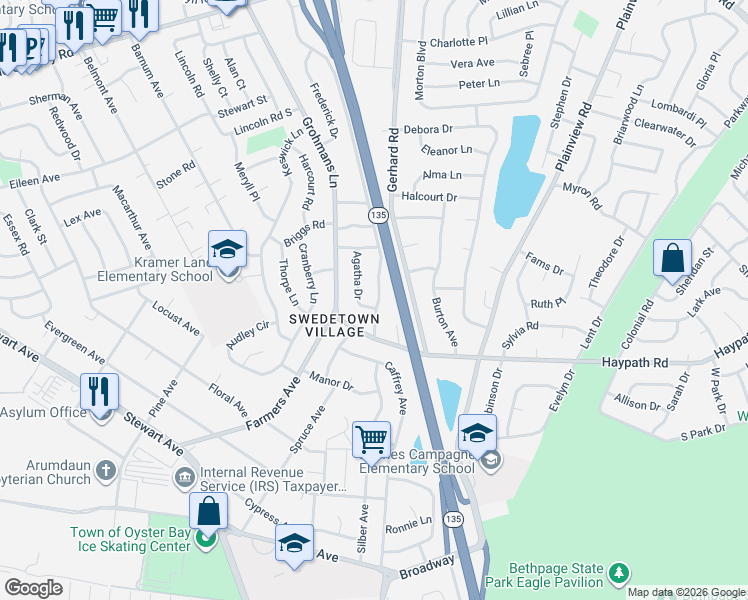 map of restaurants, bars, coffee shops, grocery stores, and more near 14 Agatha Drive in Plainview