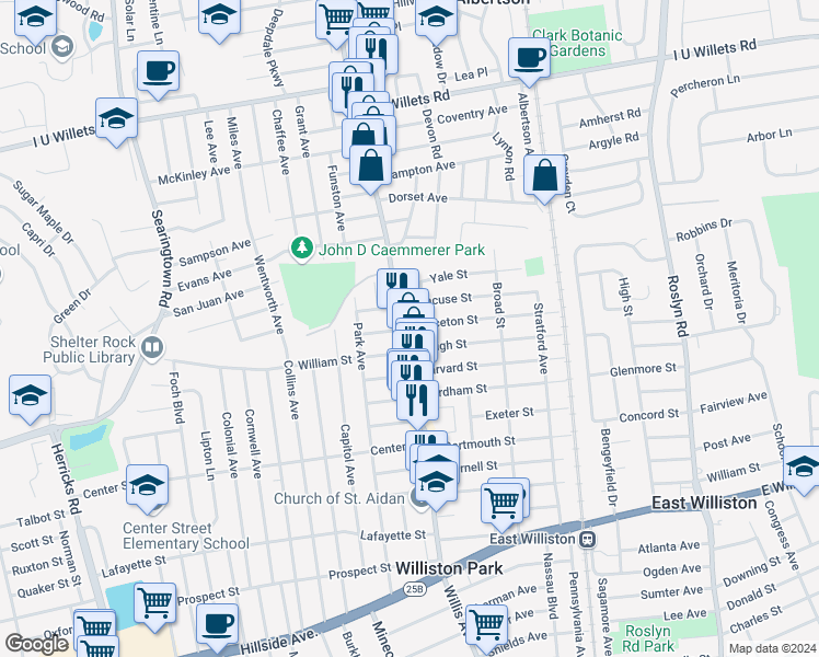 map of restaurants, bars, coffee shops, grocery stores, and more near 711 Willis Avenue in Williston Park