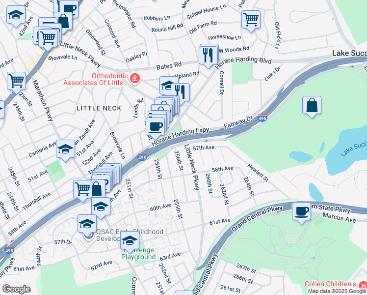 map of restaurants, bars, coffee shops, grocery stores, and more near 259-07 57th Avenue in Queens