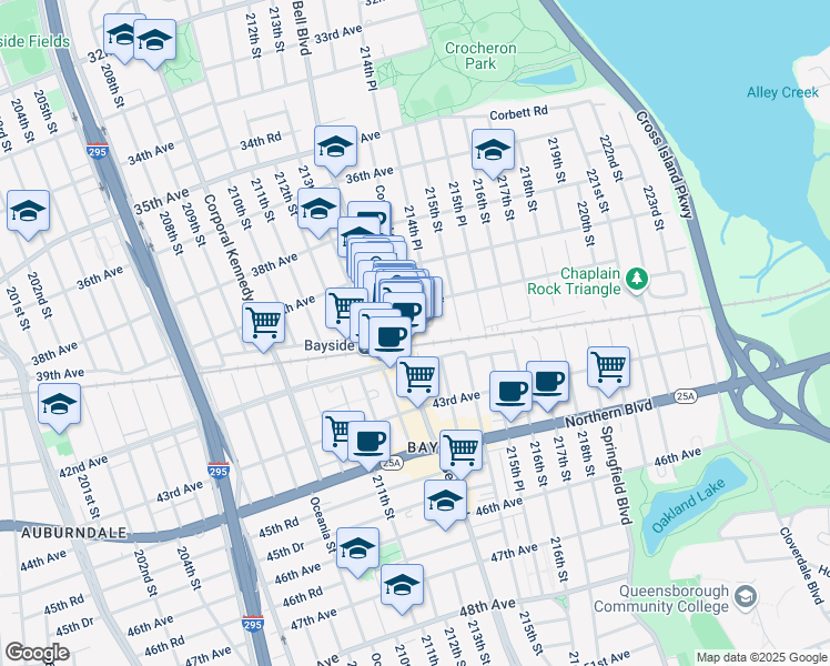 map of restaurants, bars, coffee shops, grocery stores, and more near 40-10 214th Place in Queens