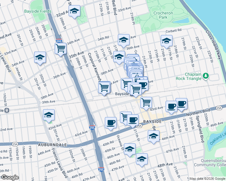 map of restaurants, bars, coffee shops, grocery stores, and more near 39-14 211th Street in Queens