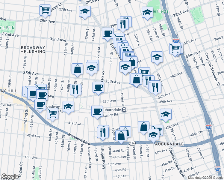 map of restaurants, bars, coffee shops, grocery stores, and more near 35-15 191st Street in Queens