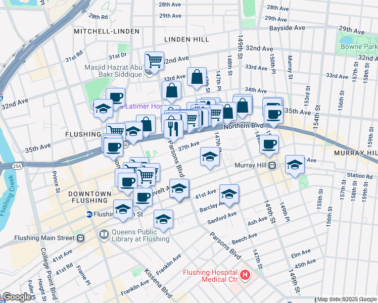 map of restaurants, bars, coffee shops, grocery stores, and more near 144-54 37th Avenue in Queens