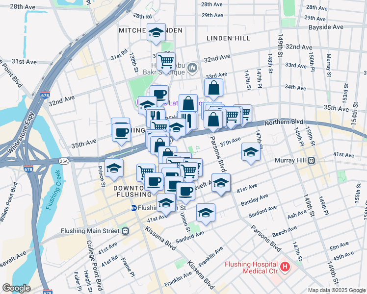 map of restaurants, bars, coffee shops, grocery stores, and more near 3611 Bowne Street in Queens