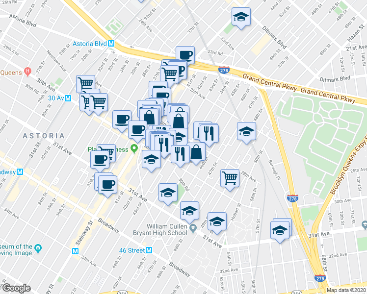 map of restaurants, bars, coffee shops, grocery stores, and more near in Queens