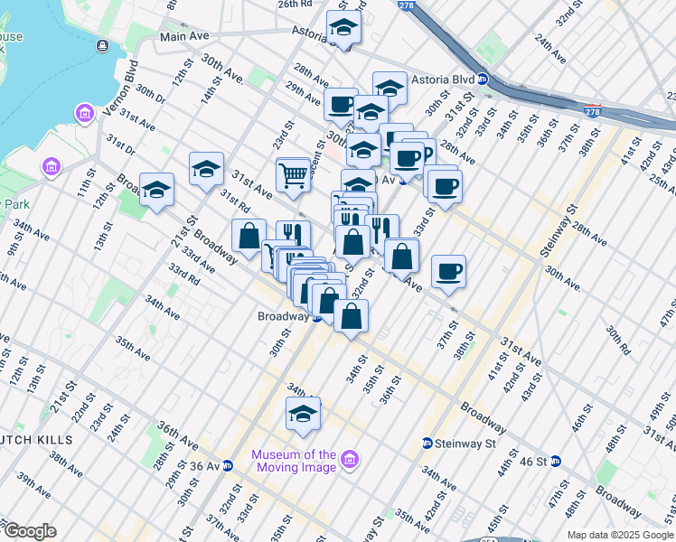 map of restaurants, bars, coffee shops, grocery stores, and more near 31-19 30th Street in Queens