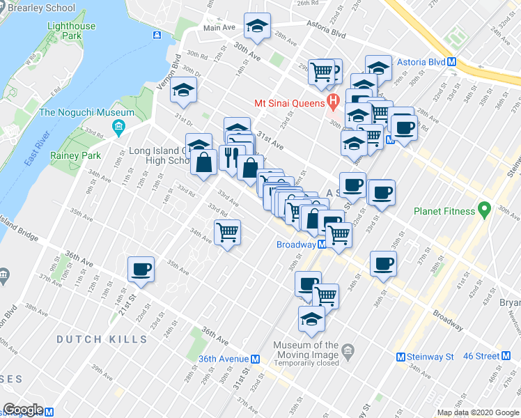 map of restaurants, bars, coffee shops, grocery stores, and more near 23-35 Broadway in Queens