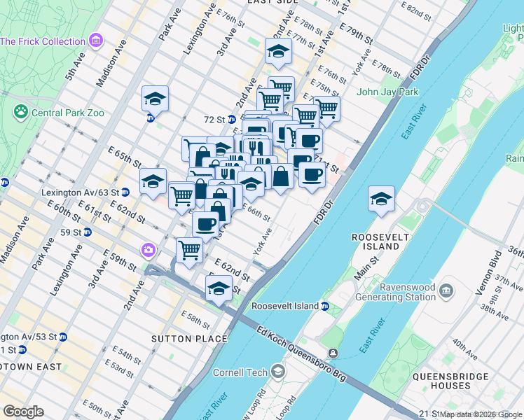 map of restaurants, bars, coffee shops, grocery stores, and more near 418 East 67th Street in New York