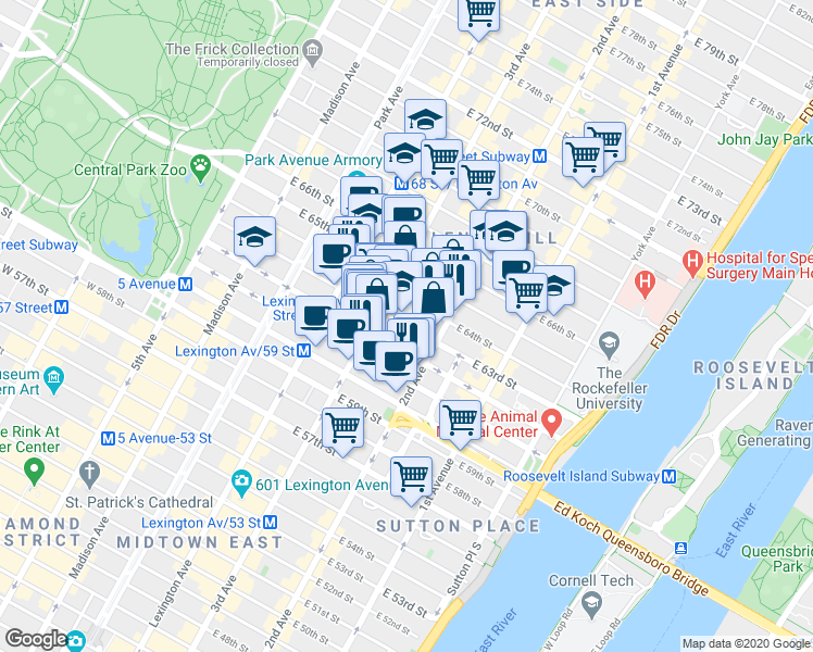 map of restaurants, bars, coffee shops, grocery stores, and more near 212 East 63rd Street in New York