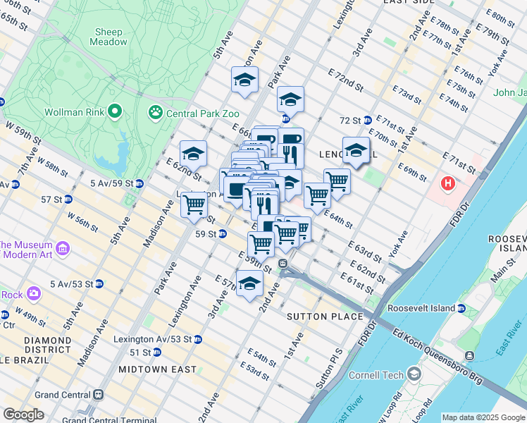 map of restaurants, bars, coffee shops, grocery stores, and more near 1062 3rd Avenue in New York