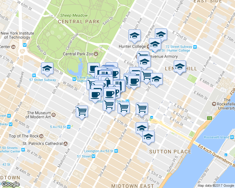 map of restaurants, bars, coffee shops, grocery stores, and more near 530 Park Avenue in New York