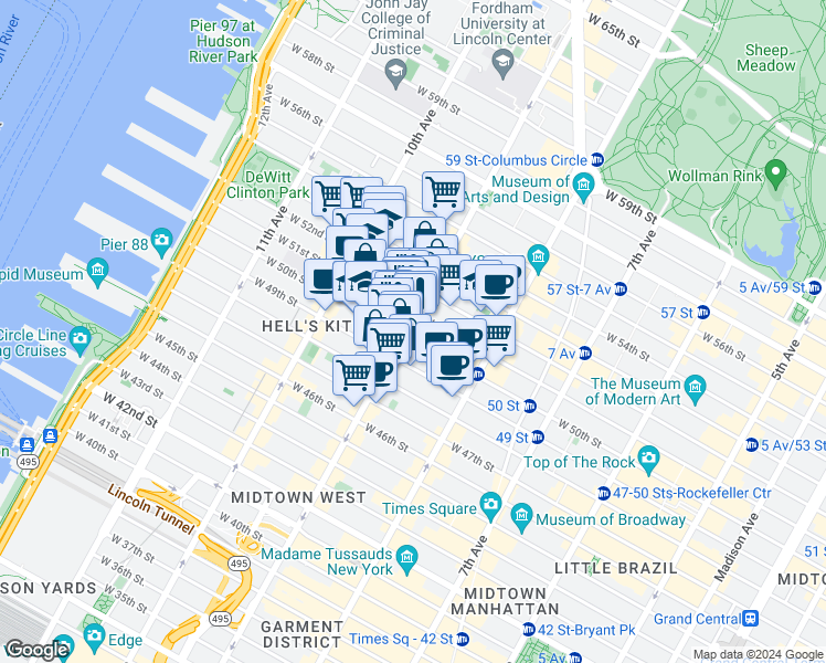 map of restaurants, bars, coffee shops, grocery stores, and more near in New York