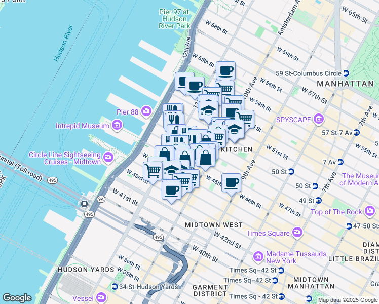 map of restaurants, bars, coffee shops, grocery stores, and more near 546 West 48th Street in New York