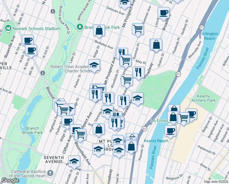 map of restaurants, bars, coffee shops, grocery stores, and more near 357 Summer Avenue in Newark