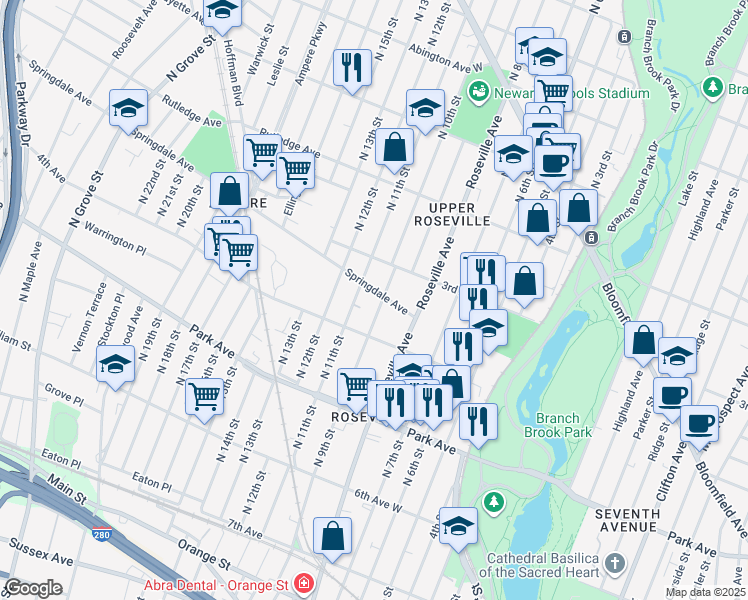 map of restaurants, bars, coffee shops, grocery stores, and more near 244 North 9th Street in Newark