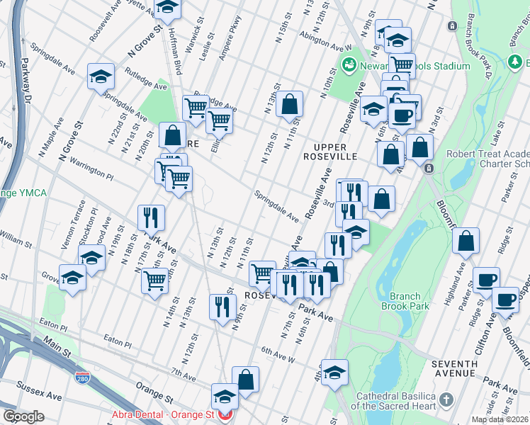 map of restaurants, bars, coffee shops, grocery stores, and more near 254 North 11th Street in Newark