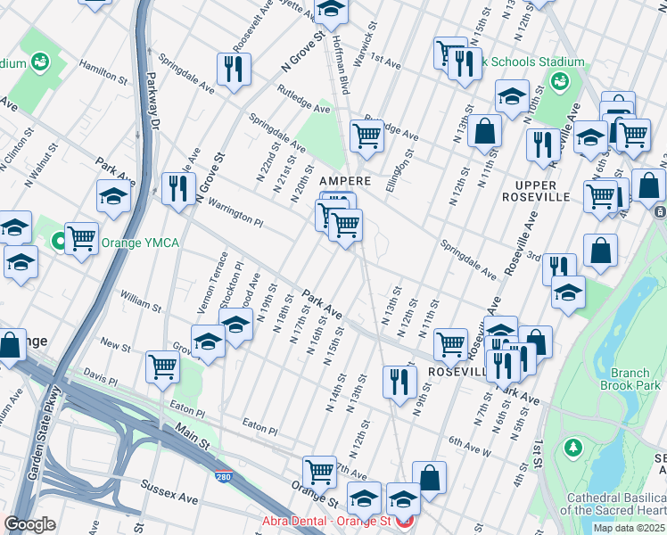 map of restaurants, bars, coffee shops, grocery stores, and more near 174 North 18th Street in East Orange
