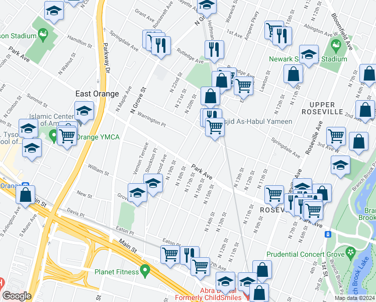 map of restaurants, bars, coffee shops, grocery stores, and more near 174 North 19th Street in East Orange