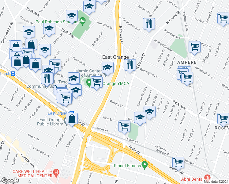 map of restaurants, bars, coffee shops, grocery stores, and more near 196 North Oraton Parkway in East Orange