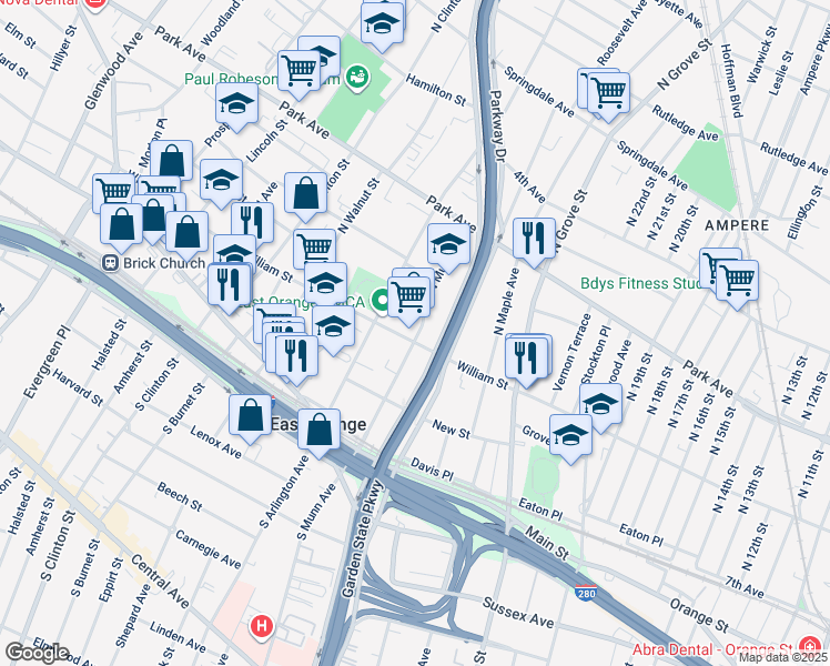 map of restaurants, bars, coffee shops, grocery stores, and more near 320 William Street in East Orange