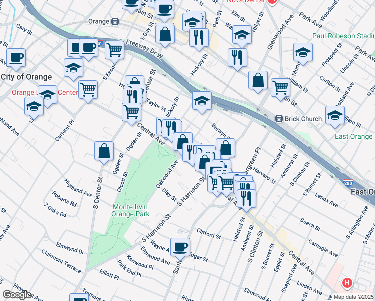 map of restaurants, bars, coffee shops, grocery stores, and more near 212 Oakwood Place in City of Orange
