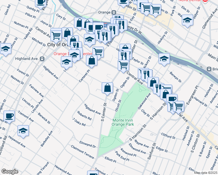 map of restaurants, bars, coffee shops, grocery stores, and more near 306 South Center Street in City of Orange