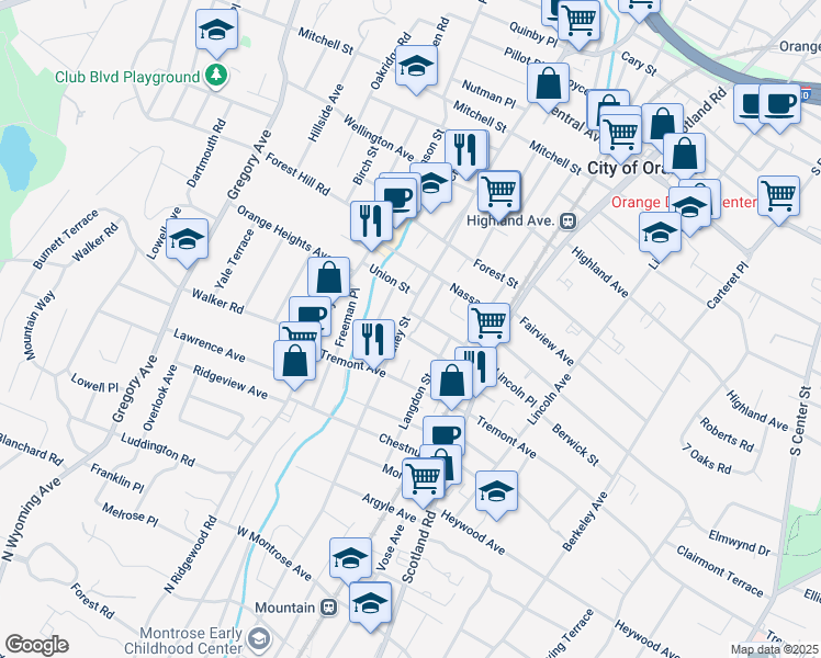 map of restaurants, bars, coffee shops, grocery stores, and more near 541 Valley Street in City of Orange