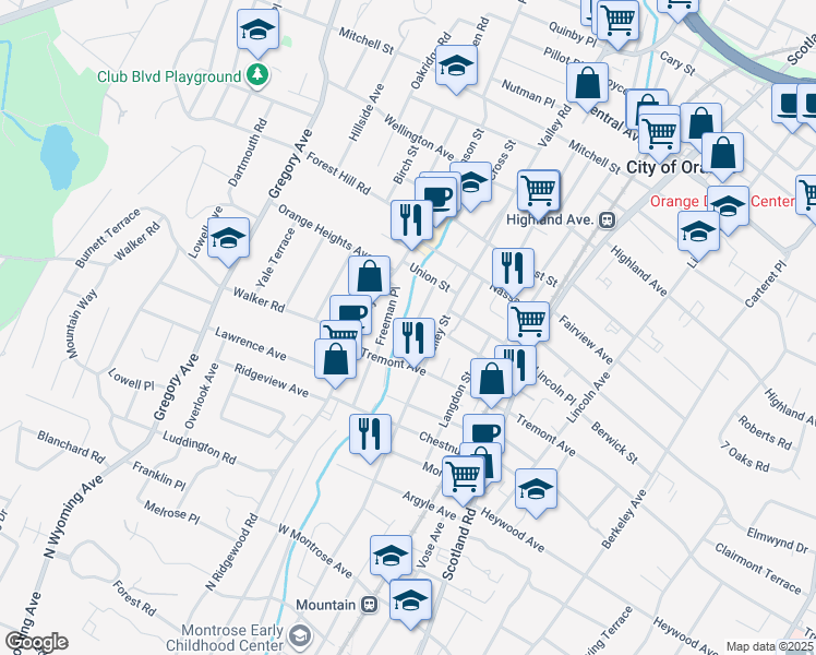 map of restaurants, bars, coffee shops, grocery stores, and more near 557 Liberty Street in City of Orange