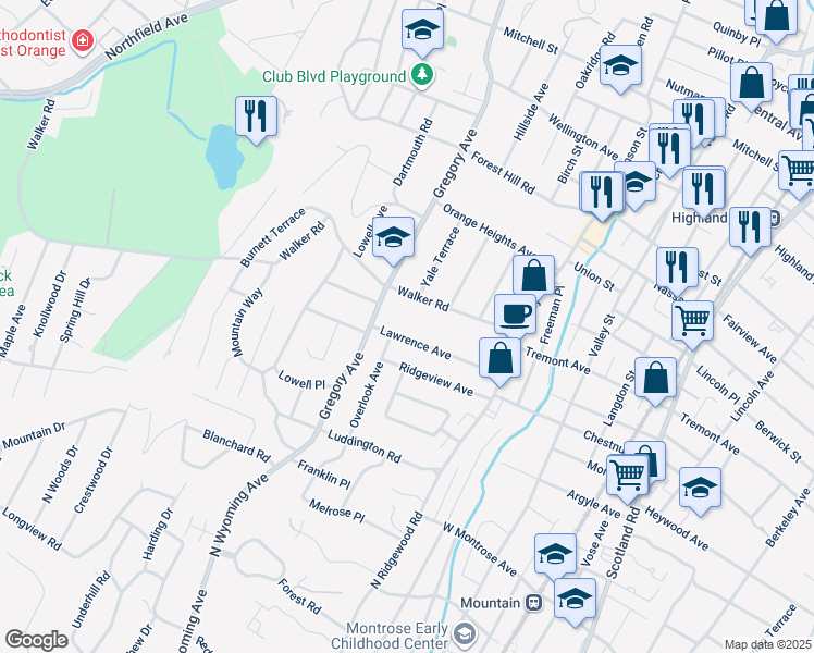 map of restaurants, bars, coffee shops, grocery stores, and more near 74 Walker Road in West Orange