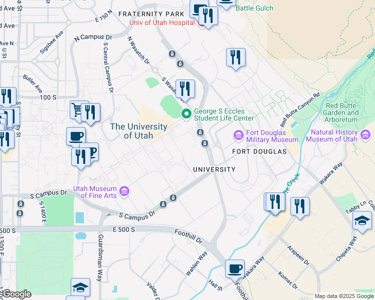 map of restaurants, bars, coffee shops, grocery stores, and more near 265 1850 East in Salt Lake City