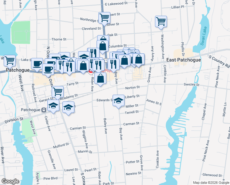 map of restaurants, bars, coffee shops, grocery stores, and more near 42 Potter Avenue in Patchogue