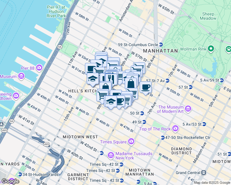 map of restaurants, bars, coffee shops, grocery stores, and more near 350 West 51st Street in New York