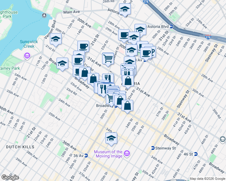 map of restaurants, bars, coffee shops, grocery stores, and more near 31-49 29th Street in Queens