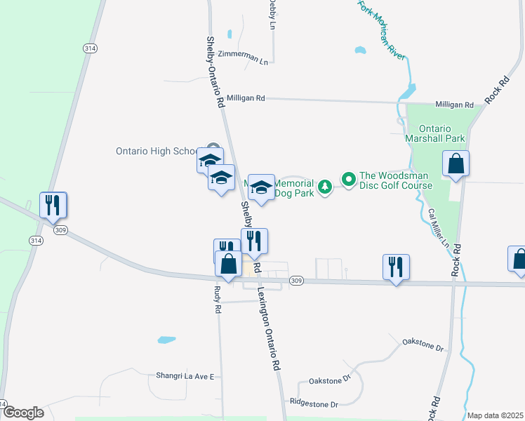 map of restaurants, bars, coffee shops, grocery stores, and more near 416 Shelby-Ontario Road in Ontario