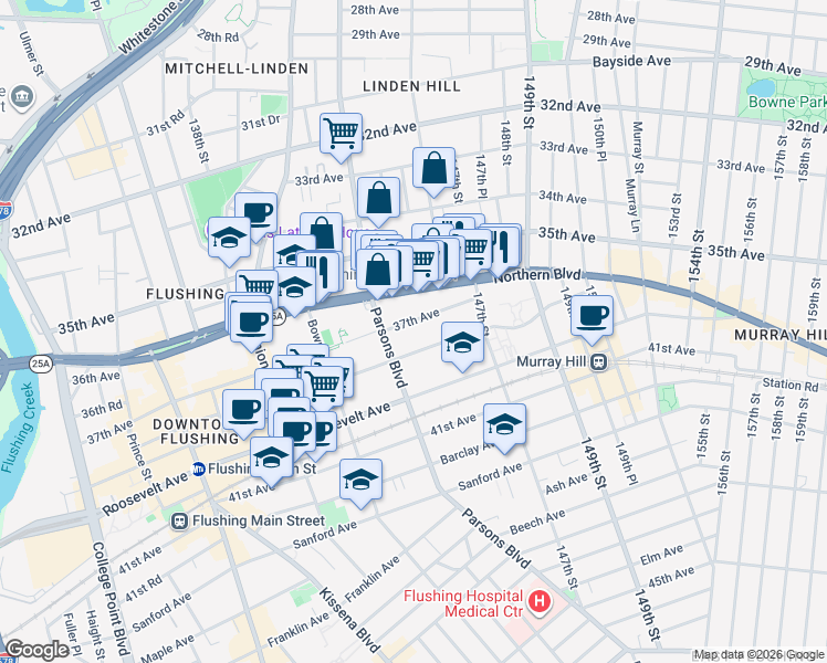 map of restaurants, bars, coffee shops, grocery stores, and more near 144-24 37th Avenue in Queens