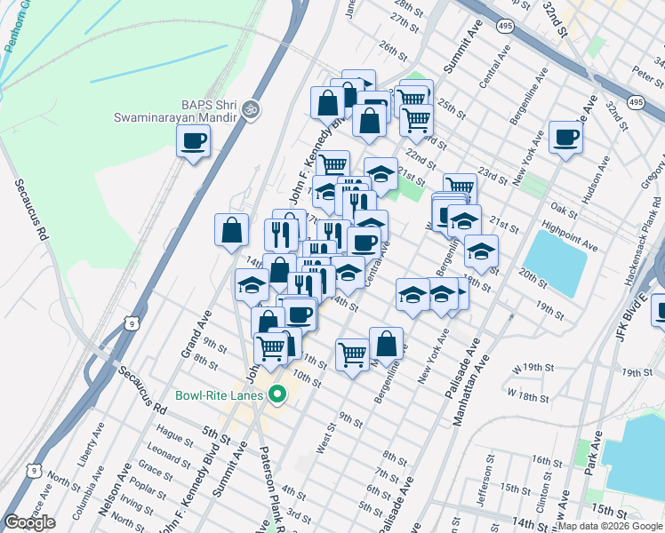 map of restaurants, bars, coffee shops, grocery stores, and more near 1601 Summit Avenue in Union City