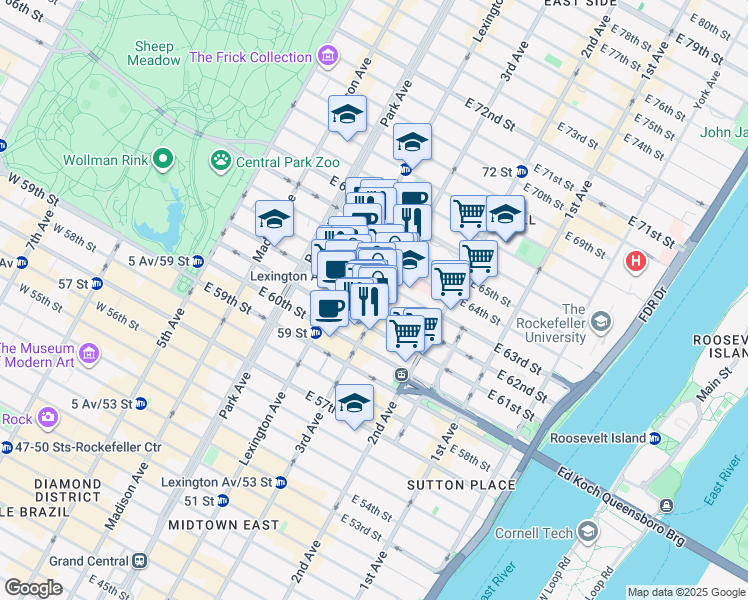 map of restaurants, bars, coffee shops, grocery stores, and more near 1062 3rd Avenue in New York