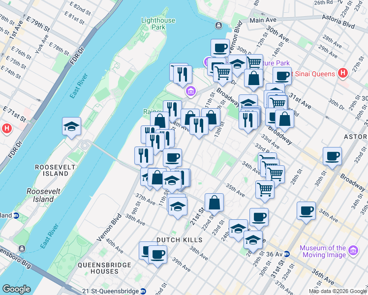 map of restaurants, bars, coffee shops, grocery stores, and more near 34-21 11th Street in Queens
