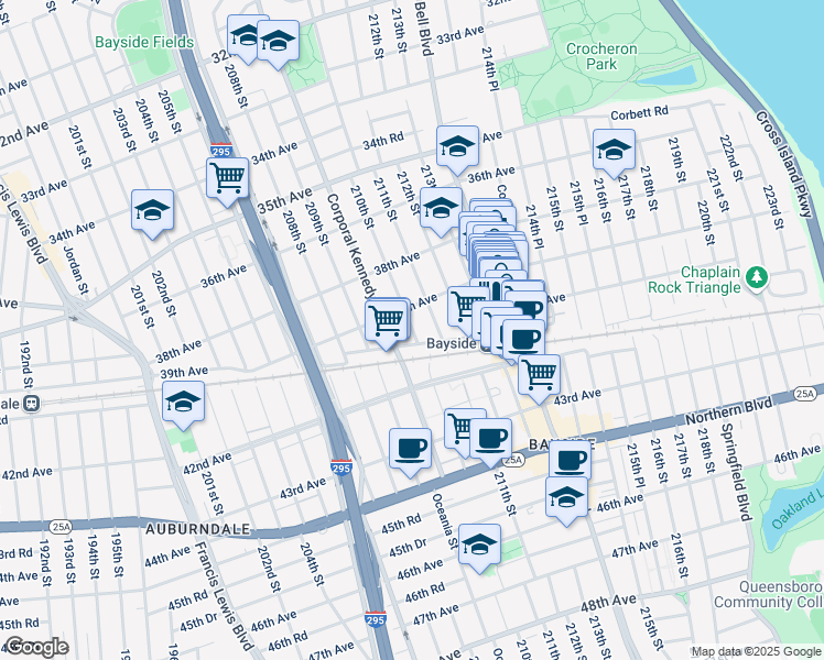 map of restaurants, bars, coffee shops, grocery stores, and more near 39-14 211th Street in Queens