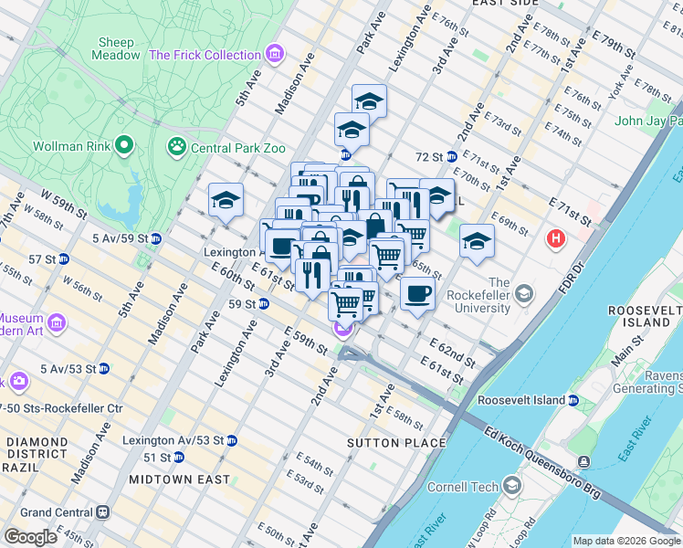 map of restaurants, bars, coffee shops, grocery stores, and more near 210 East 63rd Street in New York