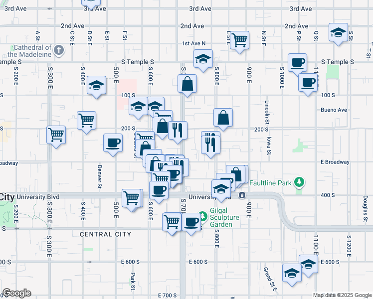 map of restaurants, bars, coffee shops, grocery stores, and more near 251 South 700 East in Salt Lake City